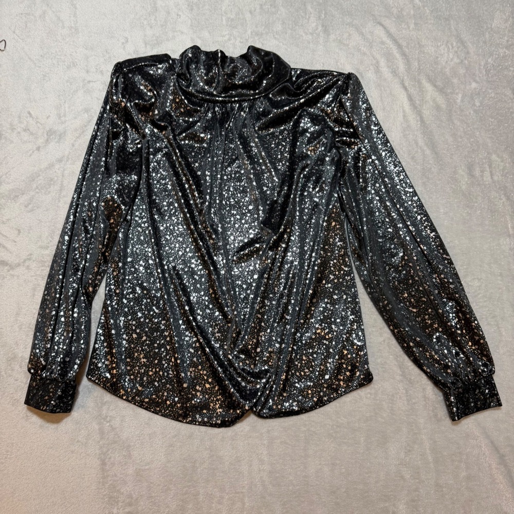 Vintage Lauren Lee Black Silver Metallic Splatter Mock Neck Blouse 14 80s 90s